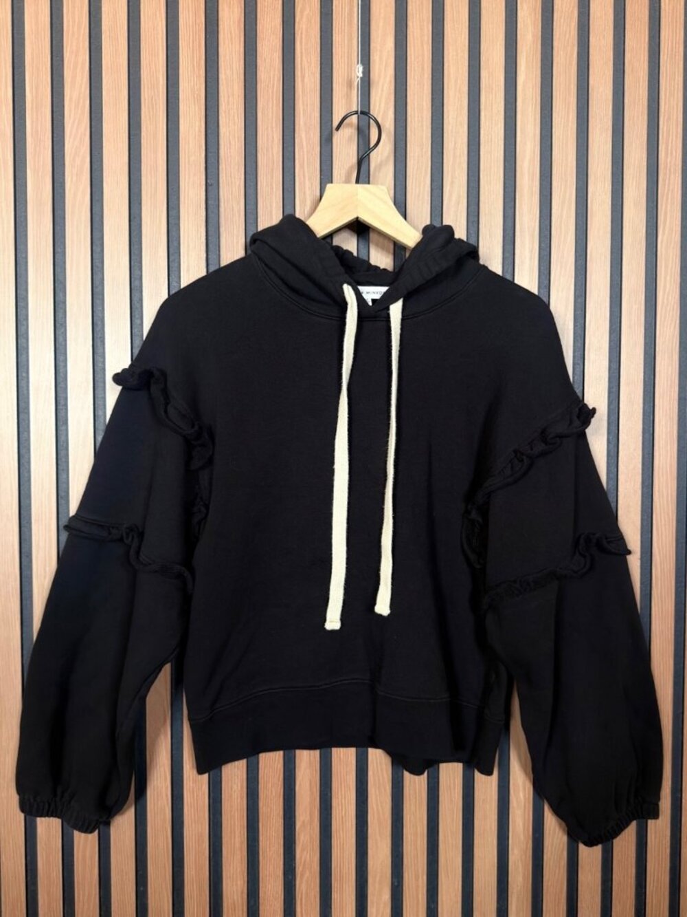 Rebecca Minkoff Hoodie Medium Womens Black Ruffled Trim Pullover Fleece Sweater